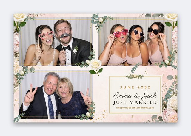 Blush & Eucalyptus — 4x6 landscape photo booth layout with three landscape photos (wedding photo booth template)