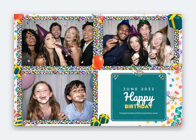 Confetti Pop — 4x6 landscape photo booth layout with three landscape photos (birthday photo booth template)
