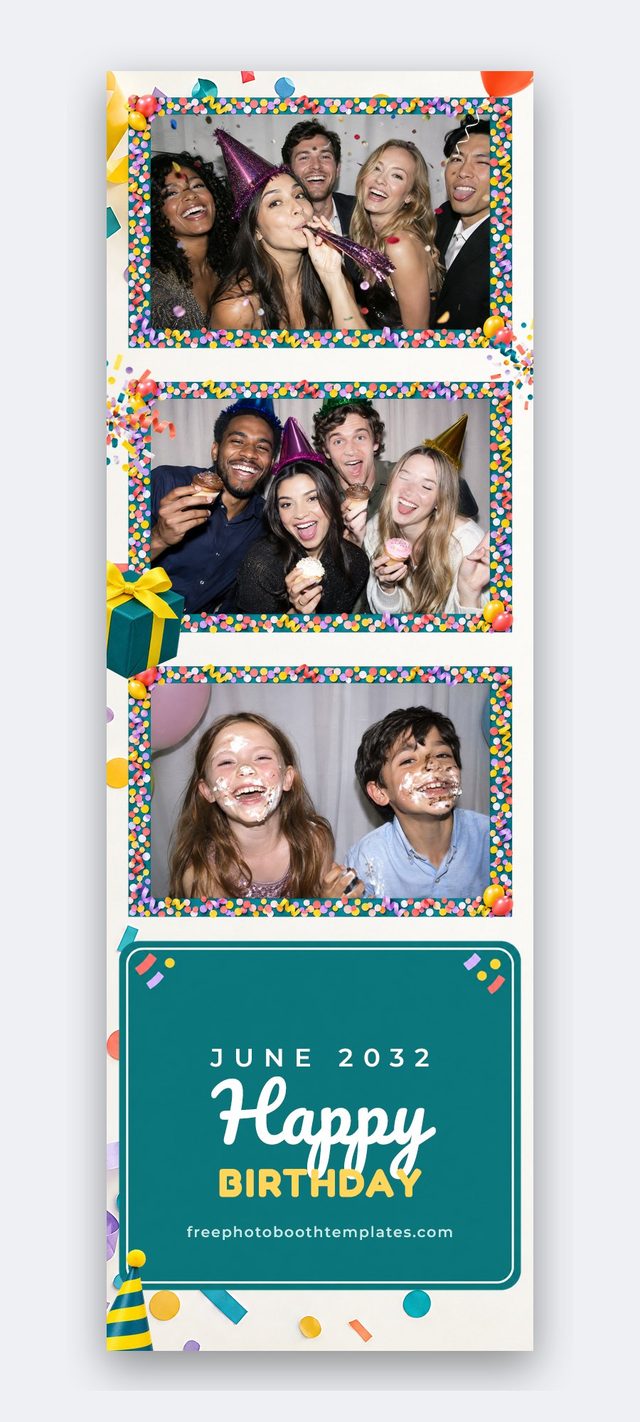 Confetti Pop — 2x6 photo booth strip with three landscape photos (birthday photo booth template)