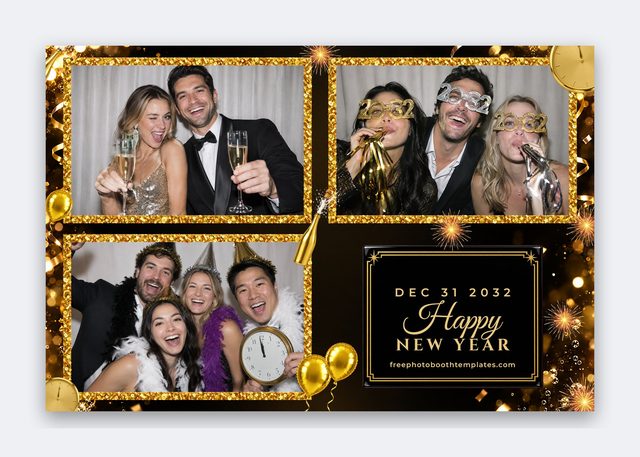 Midnight Gold Countdown — 4x6 landscape photo booth layout with three landscape photos (new year's eve photo booth template)