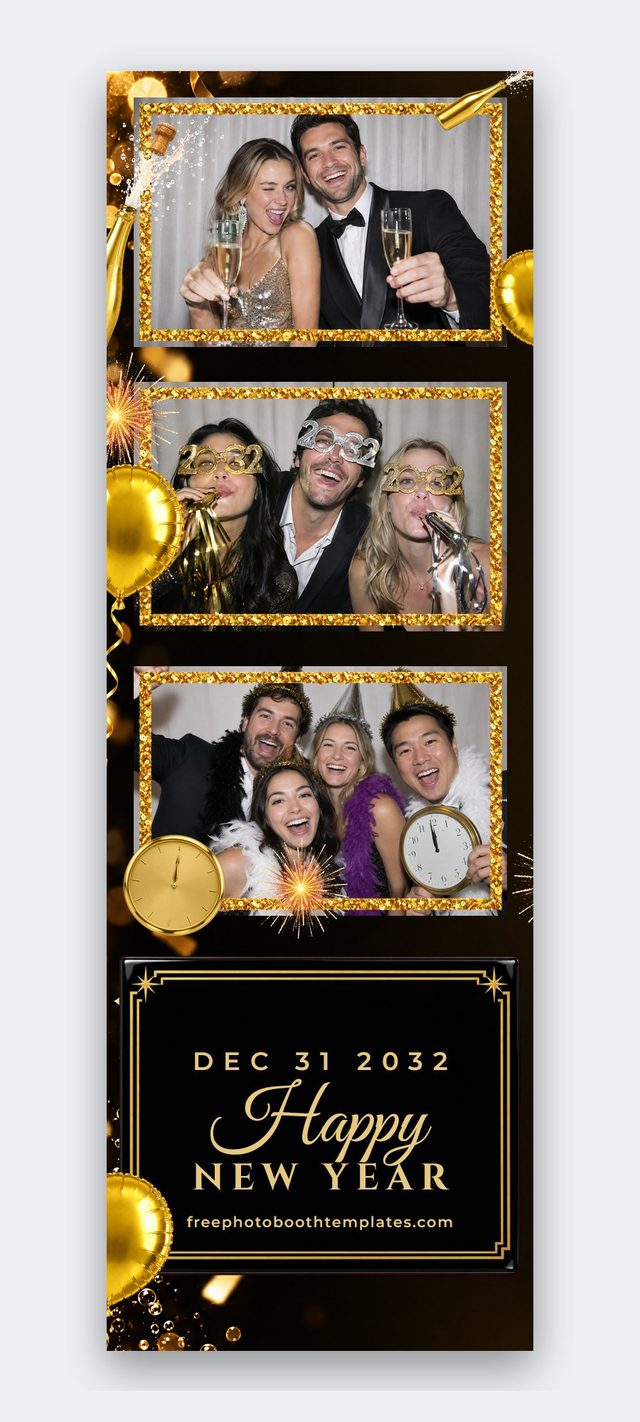 Midnight Gold Countdown — 2x6 photo booth strip with three landscape photos (new year's eve photo booth template)